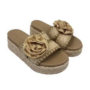 JSlides Tan Bree Rose Raffia Espadrille Platform Wedge Slide Sandals Womens 9